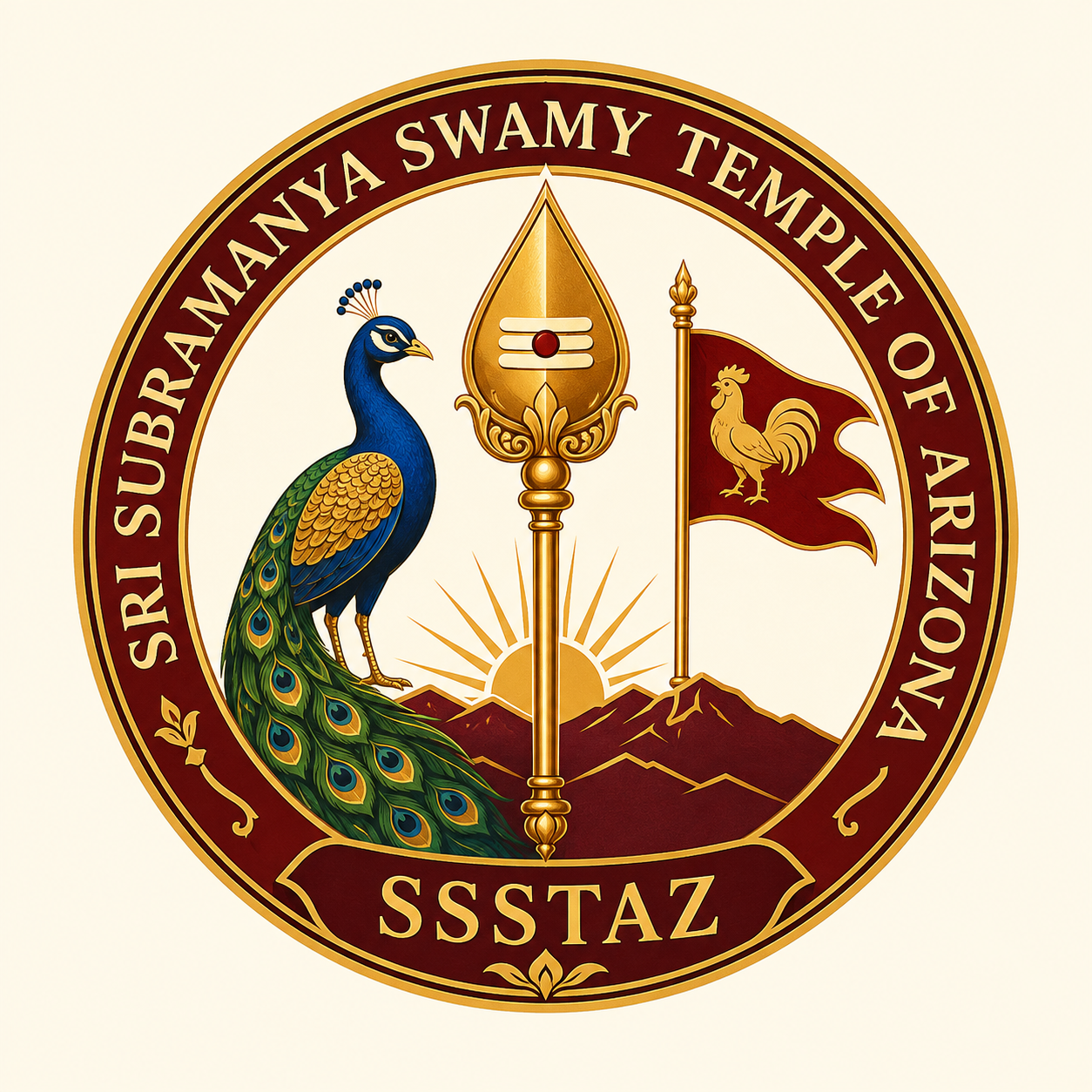 Official seal of Sri Subramanya Swamy Temple of Arizona: golden vel, peacock, and rooster flag