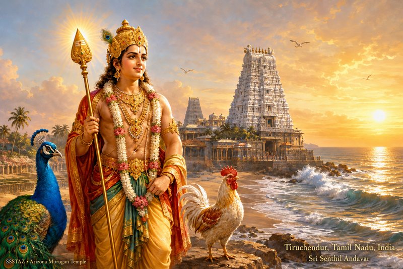 Devotional illustration of Sri Senthil Andavar holding the radiant Vel beside the peacock and rooster, with the seashore temple of Tiruchendur at sunrise