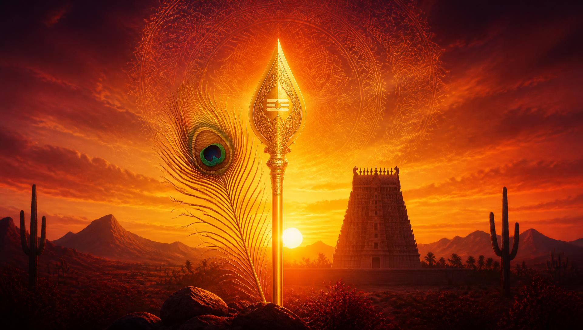 A luminous golden Vel and peacock feather before a South Indian temple tower silhouette at sunrise over the Arizona desert